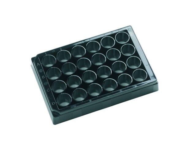 Tissue culture treated black solid transparent bottom 24 well plate with lid