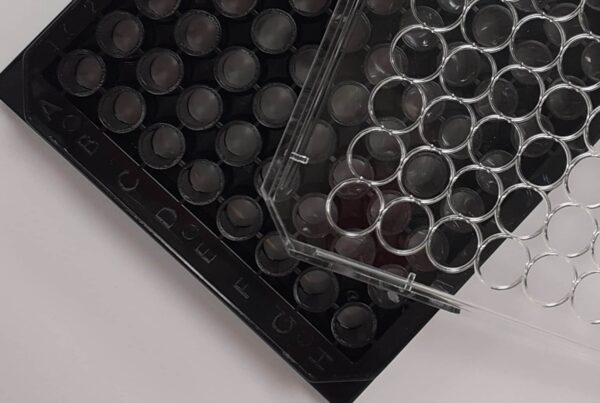 Black solid glass bottom 96 well plate with lid